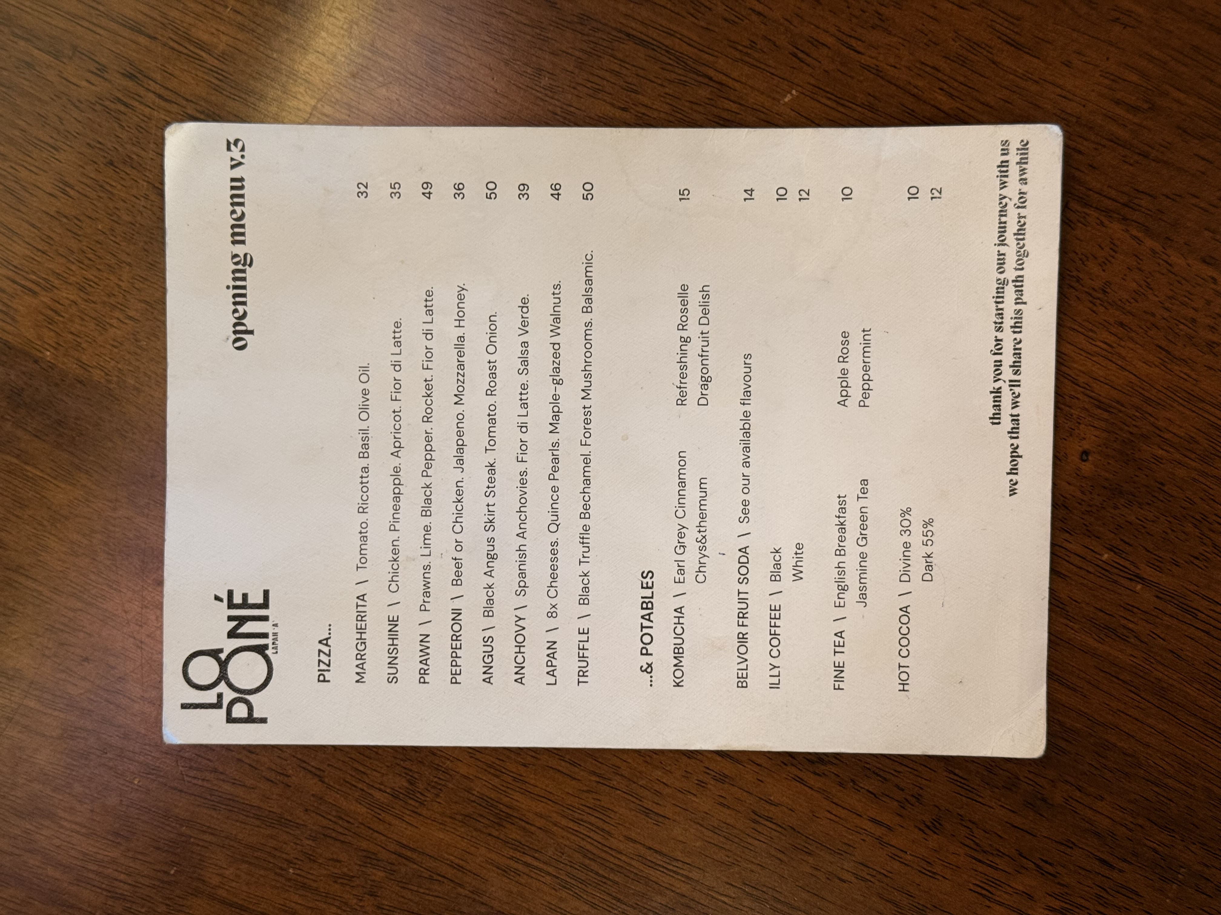 La Pané Pizza menu page 1